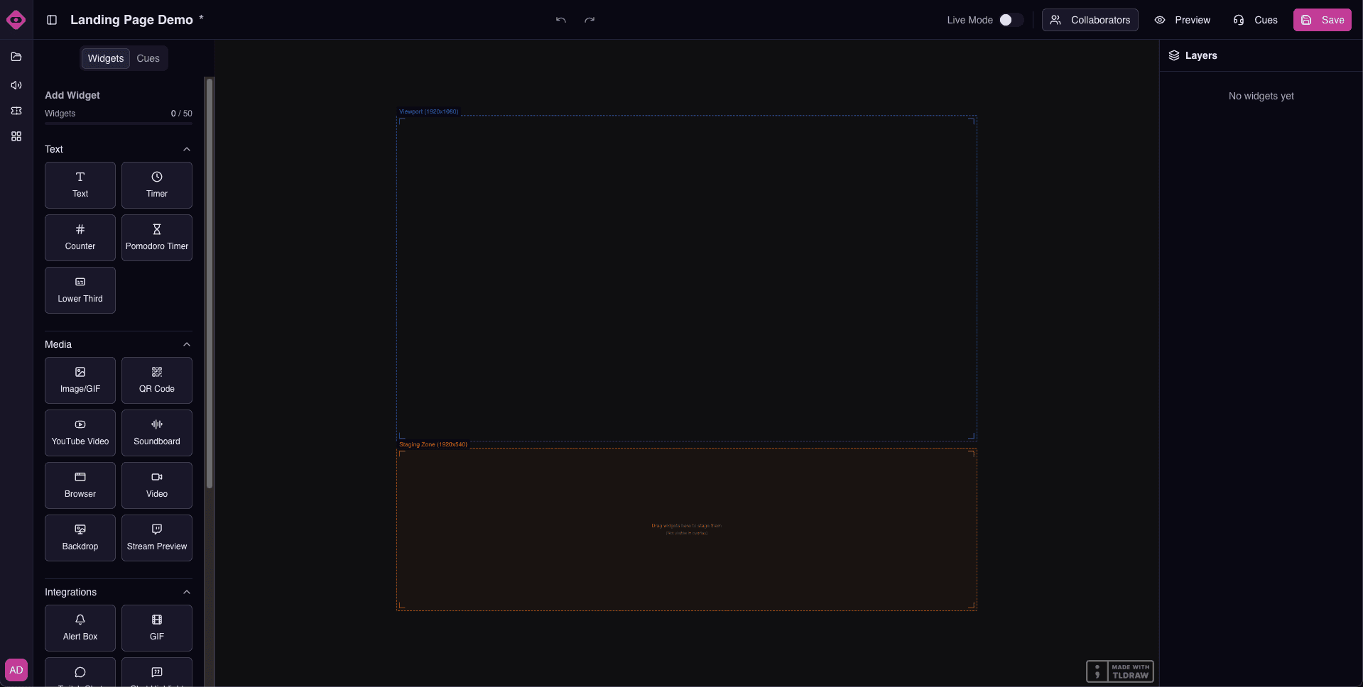 Coverlays overlay editor with widgets on a tldraw canvas